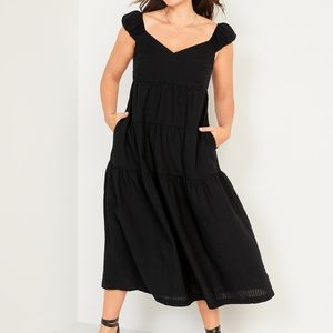 Black Tiered Seersucker Maxi Dress with Pockets